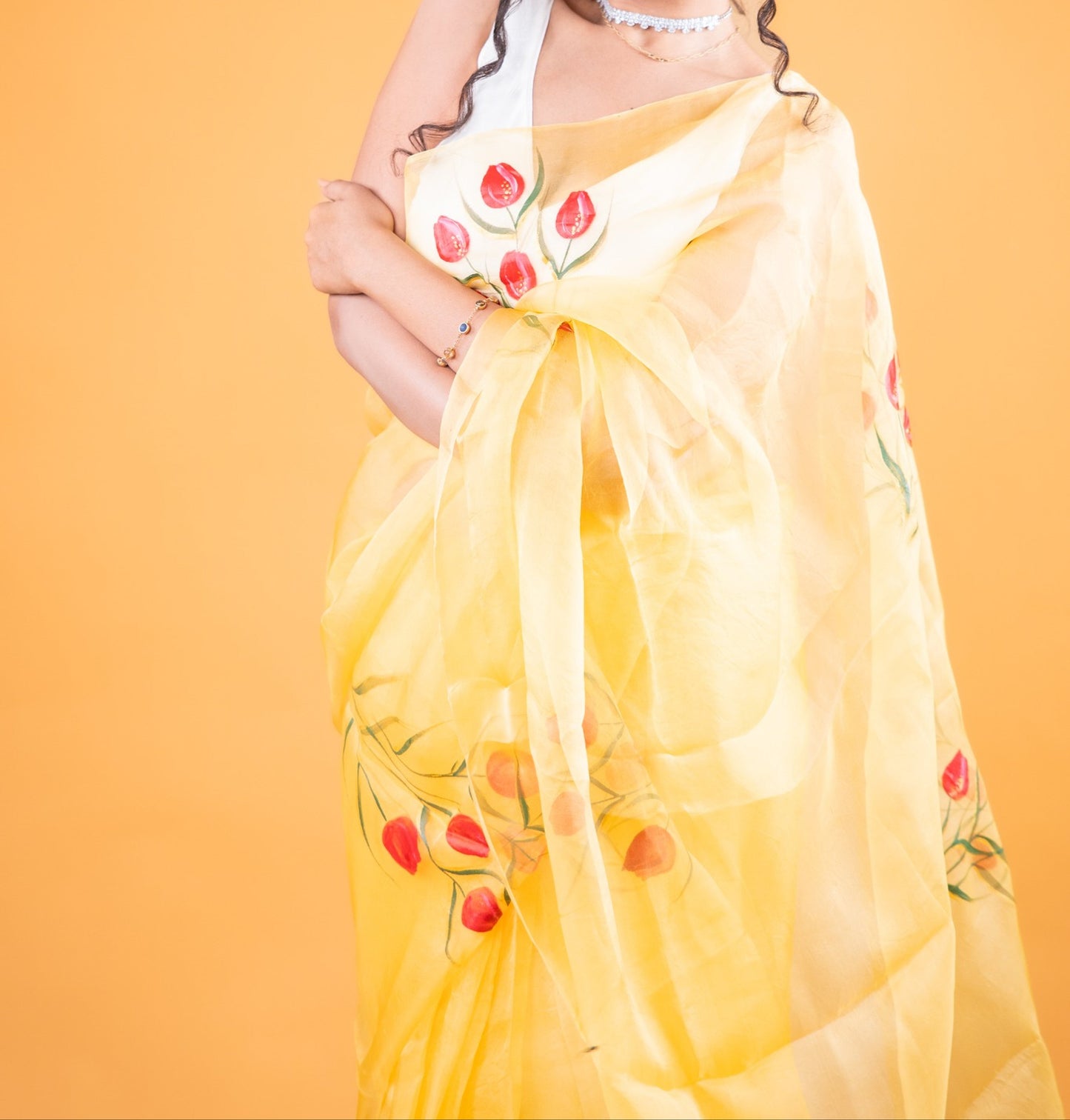 Pure Organza Handpainted Saree in Soft Yellow - Atulyakarigari