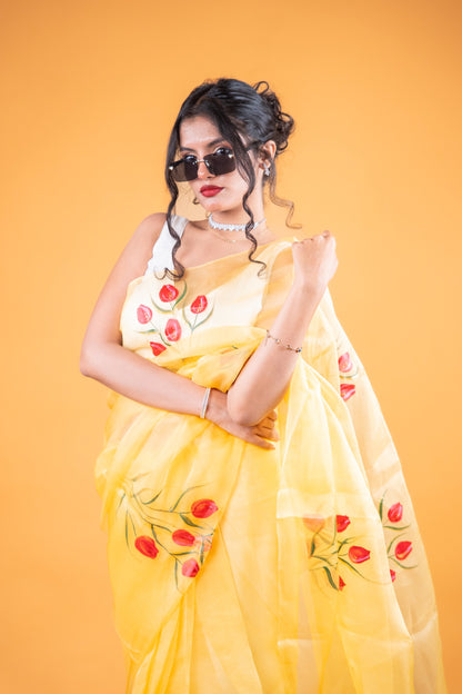 Pure Organza Handpainted Saree in Soft Yellow - Atulyakarigari