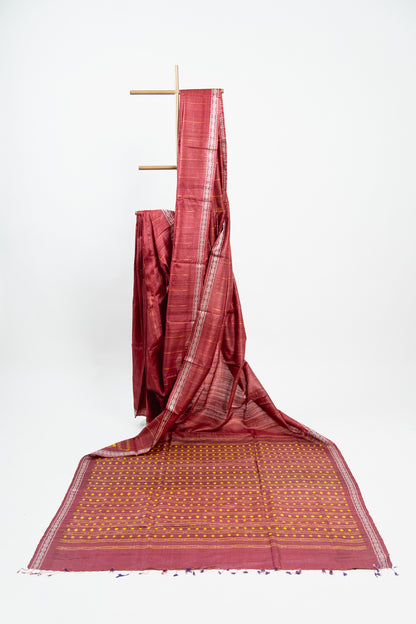 Crimson Red Tussar Silk Saree with Gold Pinstripes