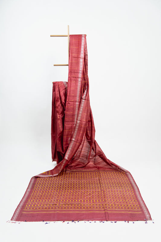 Crimson Red Tussar Silk Saree with Gold Pinstripes