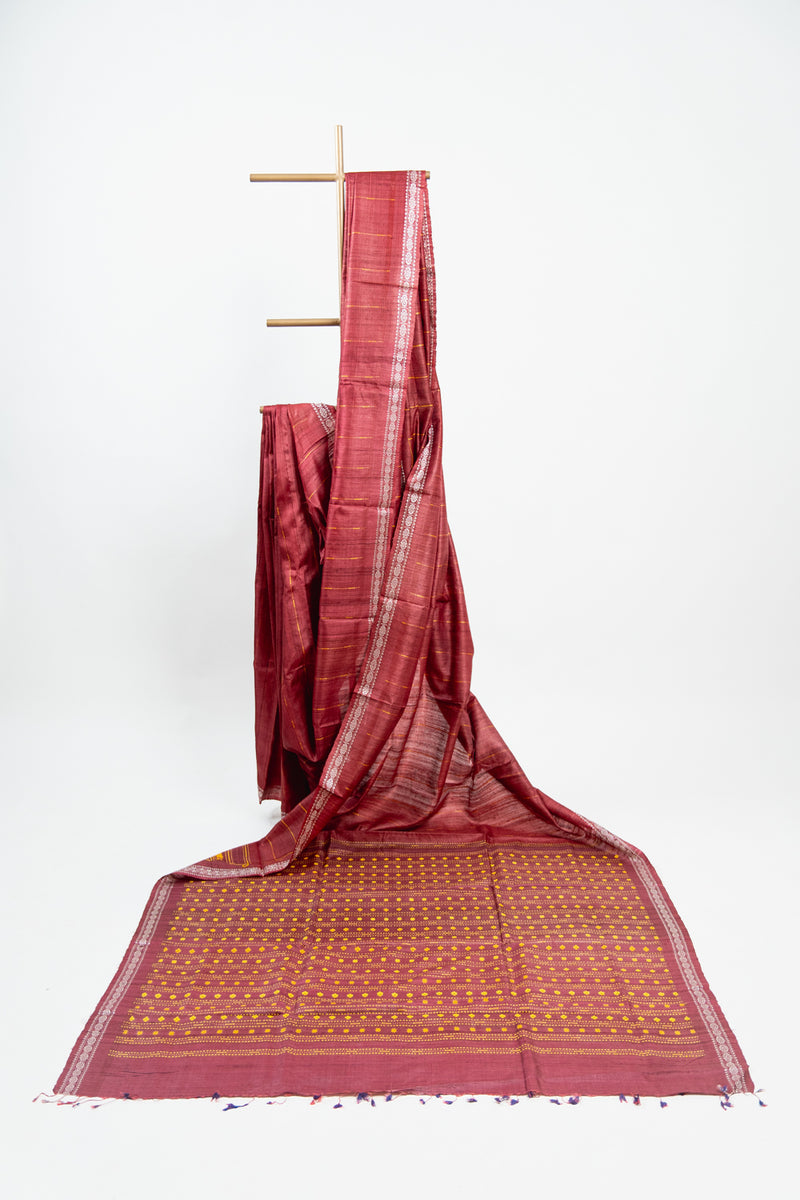 Crimson Red Tussar Silk Saree with Gold Pinstripes
