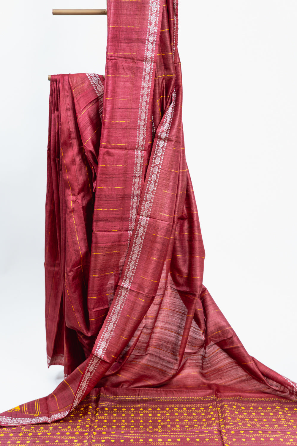 Crimson Red Tussar Silk Saree with Gold Pinstripes