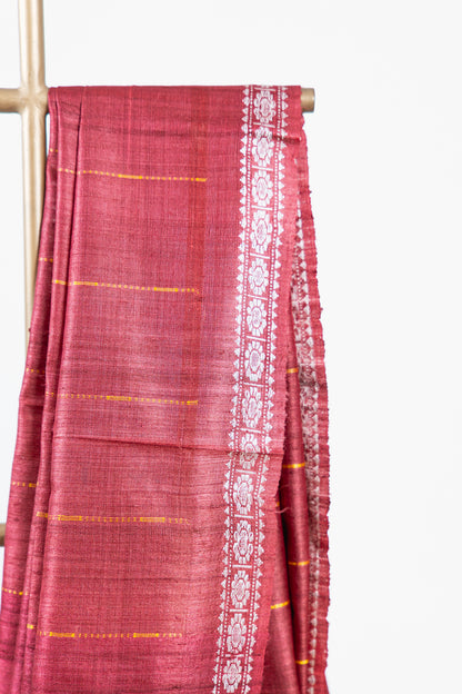 Crimson Red Tussar Silk Saree with Gold Pinstripes