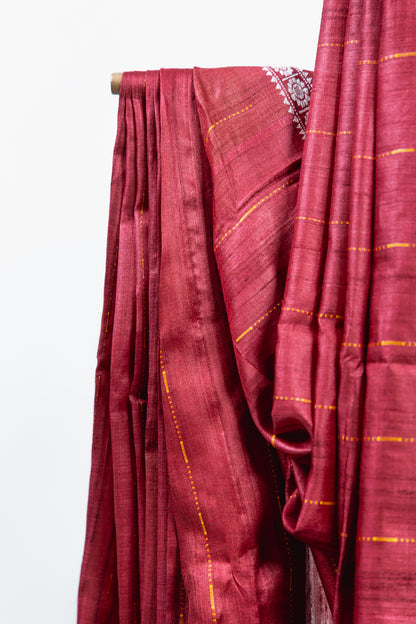 Crimson Red Tussar Silk Saree with Gold Pinstripes