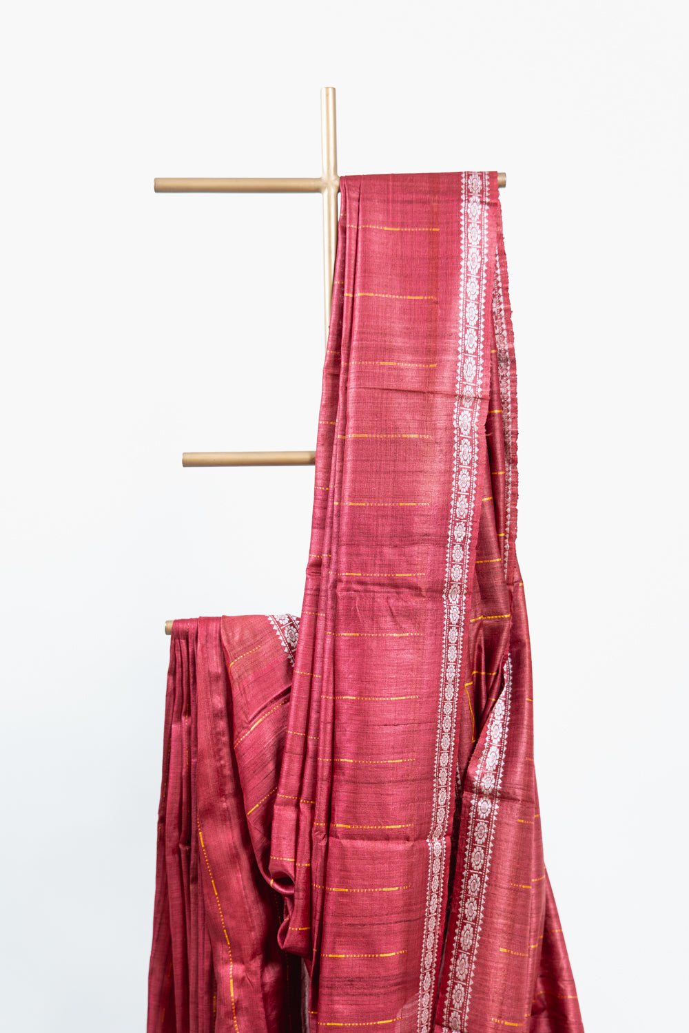 Crimson Red Tussar Silk Saree with Gold Pinstripes