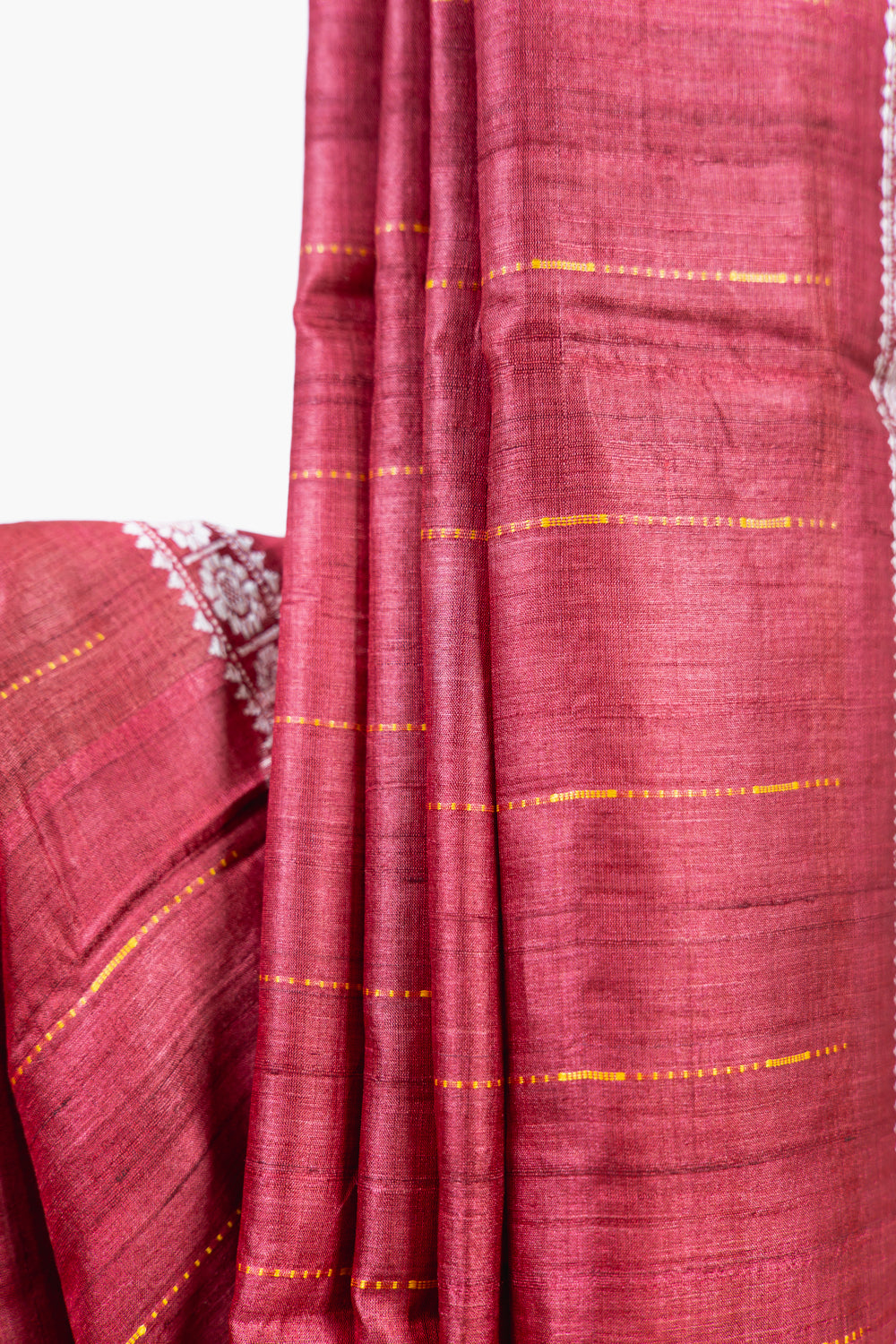 Crimson Red Tussar Silk Saree with Gold Pinstripes