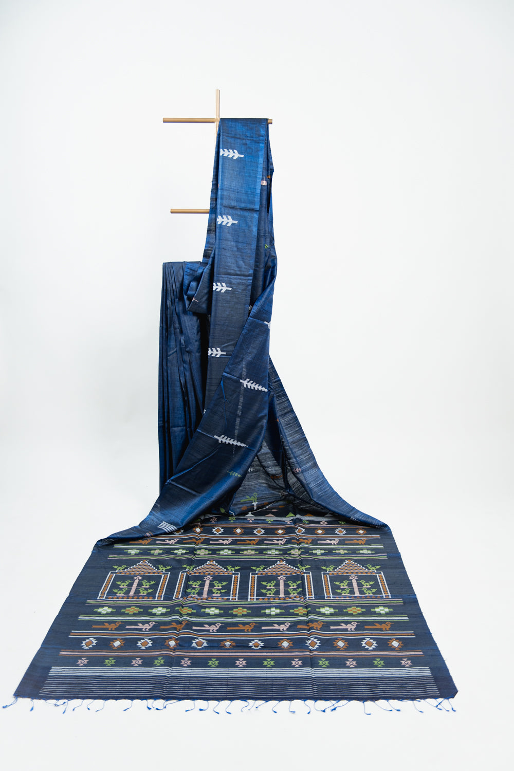 Indigo Blue Tussar Silk Saree with Multicolour Ikat Motifs