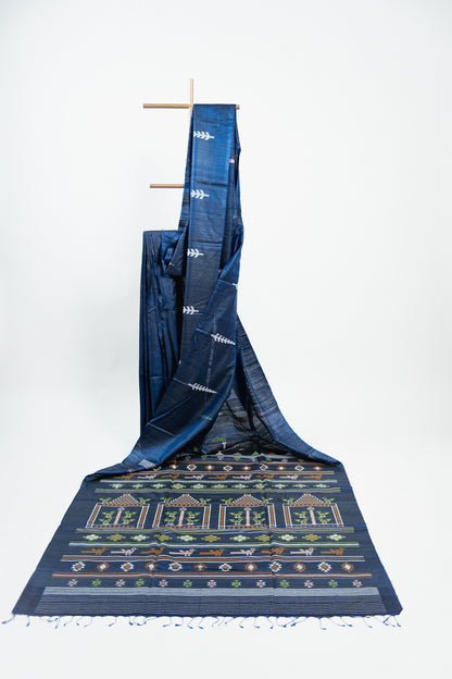 Indigo Blue Tussar Silk Saree with Multicolour Ikat Motifs