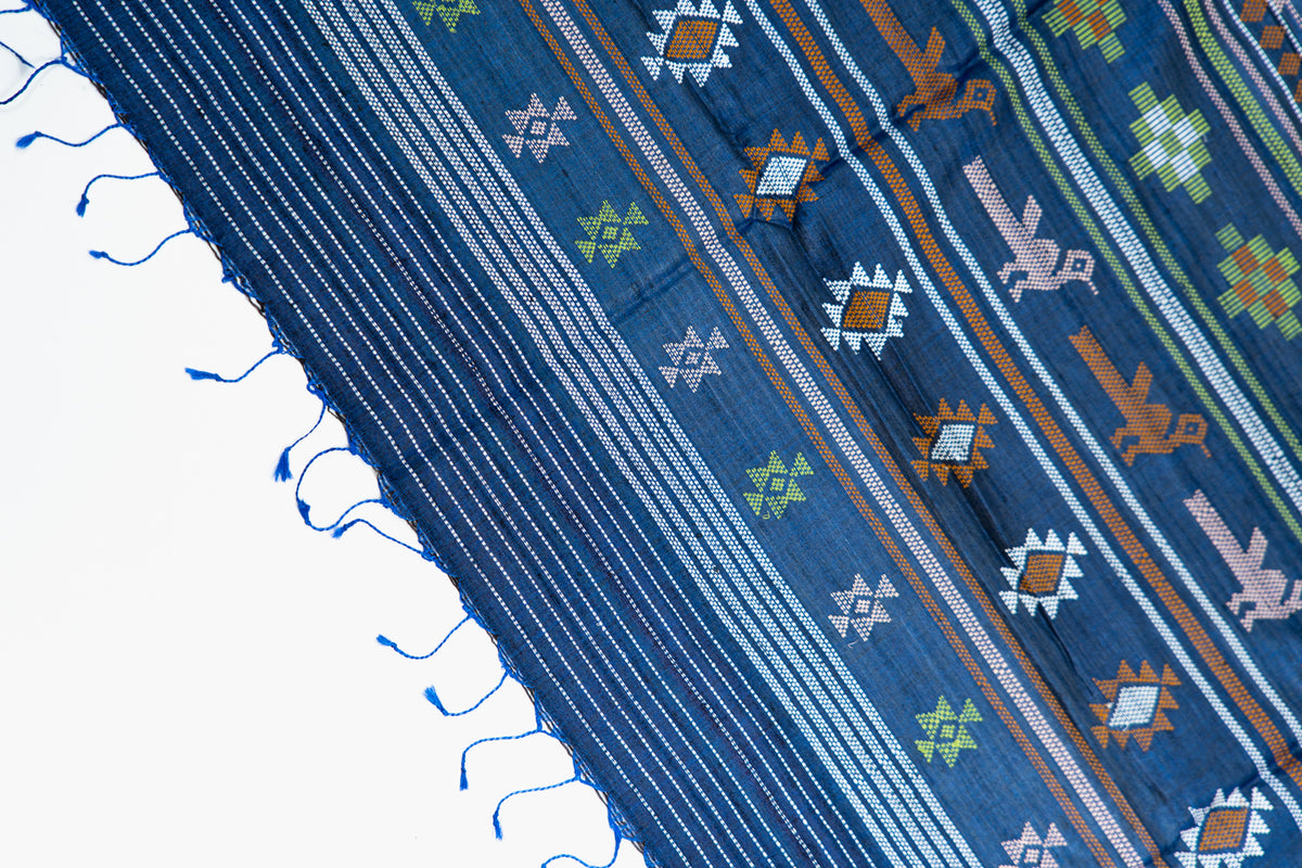 Indigo Blue Tussar Silk Saree with Multicolour Ikat Motifs