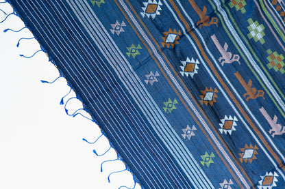Indigo Blue Tussar Silk Saree with Multicolour Ikat Motifs