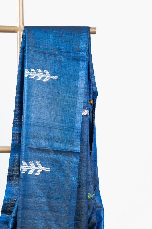 Indigo Blue Tussar Silk Saree with Multicolour Ikat Motifs