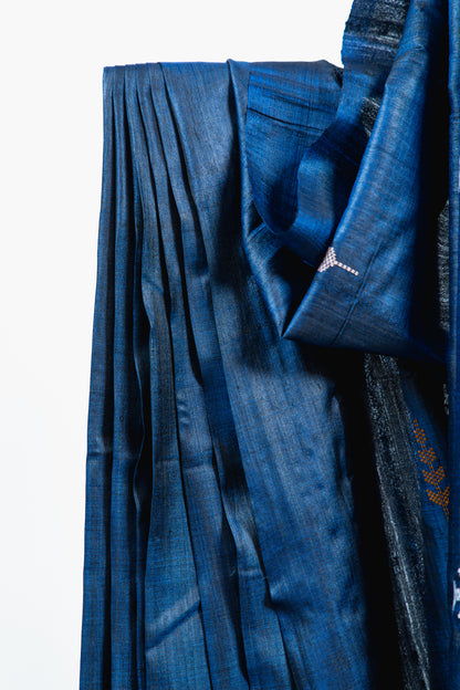 Indigo Blue Tussar Silk Saree with Multicolour Ikat Motifs