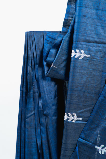 Indigo Blue Tussar Silk Saree with Multicolour Ikat Motifs