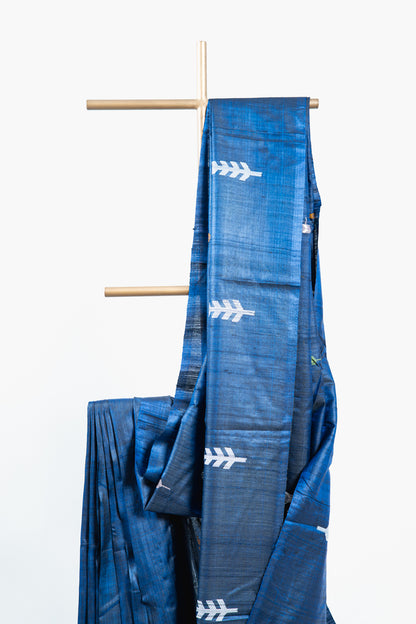 Indigo Blue Tussar Silk Saree with Multicolour Ikat Motifs
