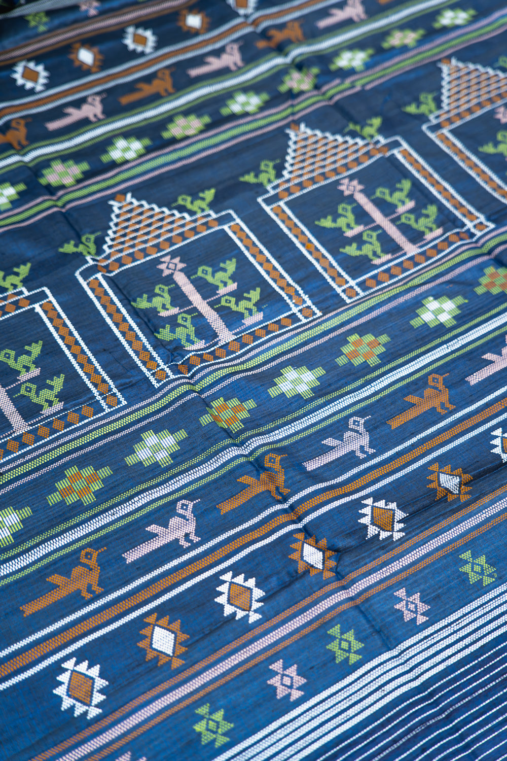Indigo Blue Tussar Silk Saree with Multicolour Ikat Motifs