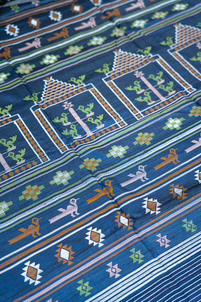 Indigo Blue Tussar Silk Saree with Multicolour Ikat Motifs