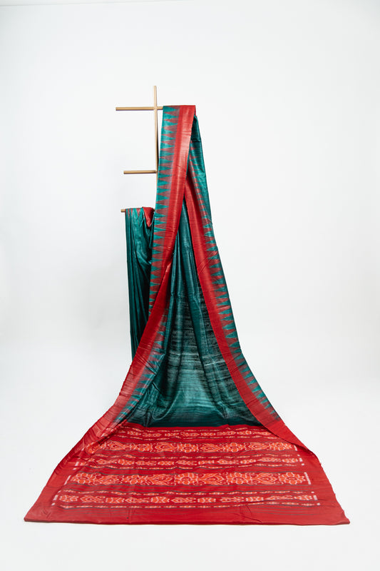 Sea Green Tussar Silk Saree with Crimson Temple Border