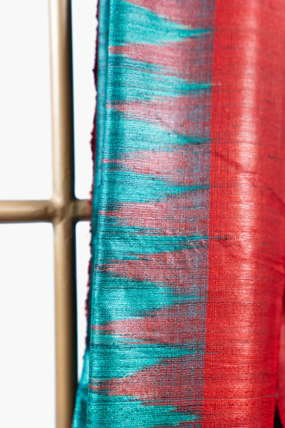 Sea Green Tussar Silk Saree with Crimson Temple Border