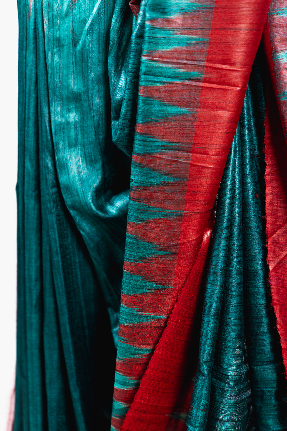 Sea Green Tussar Silk Saree with Crimson Temple Border
