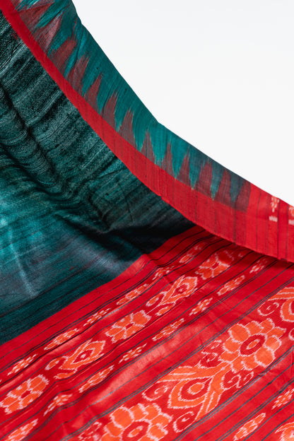 Sea Green Tussar Silk Saree with Crimson Temple Border