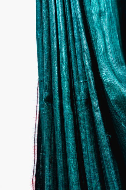 Sea Green Tussar Silk Saree with Crimson Temple Border