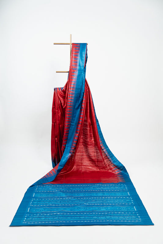 Crimson Red Tussar Silk Saree with Electric Blue Temple Border