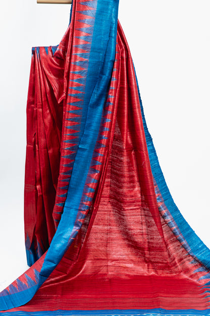 Crimson Red Tussar Silk Saree with Electric Blue Temple Border