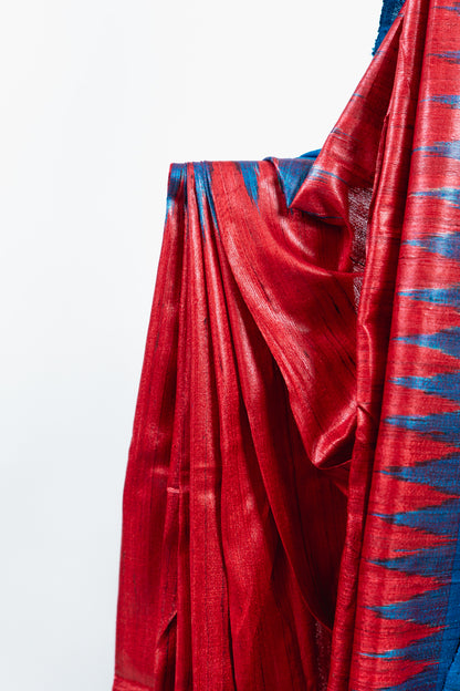 Crimson Red Tussar Silk Saree with Electric Blue Temple Border