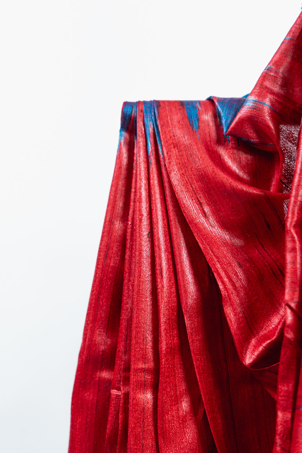 Crimson Red Tussar Silk Saree with Electric Blue Temple Border
