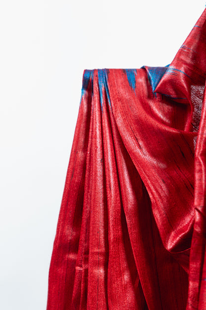 Crimson Red Tussar Silk Saree with Electric Blue Temple Border