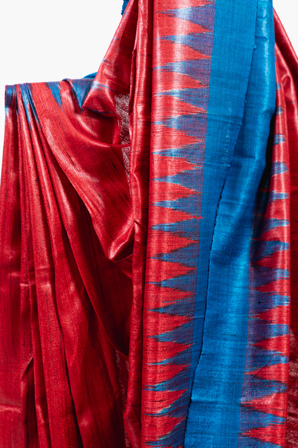 Crimson Red Tussar Silk Saree with Electric Blue Temple Border