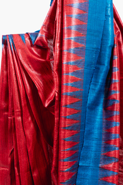 Crimson Red Tussar Silk Saree with Electric Blue Temple Border