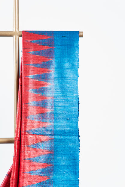 Crimson Red Tussar Silk Saree with Electric Blue Temple Border
