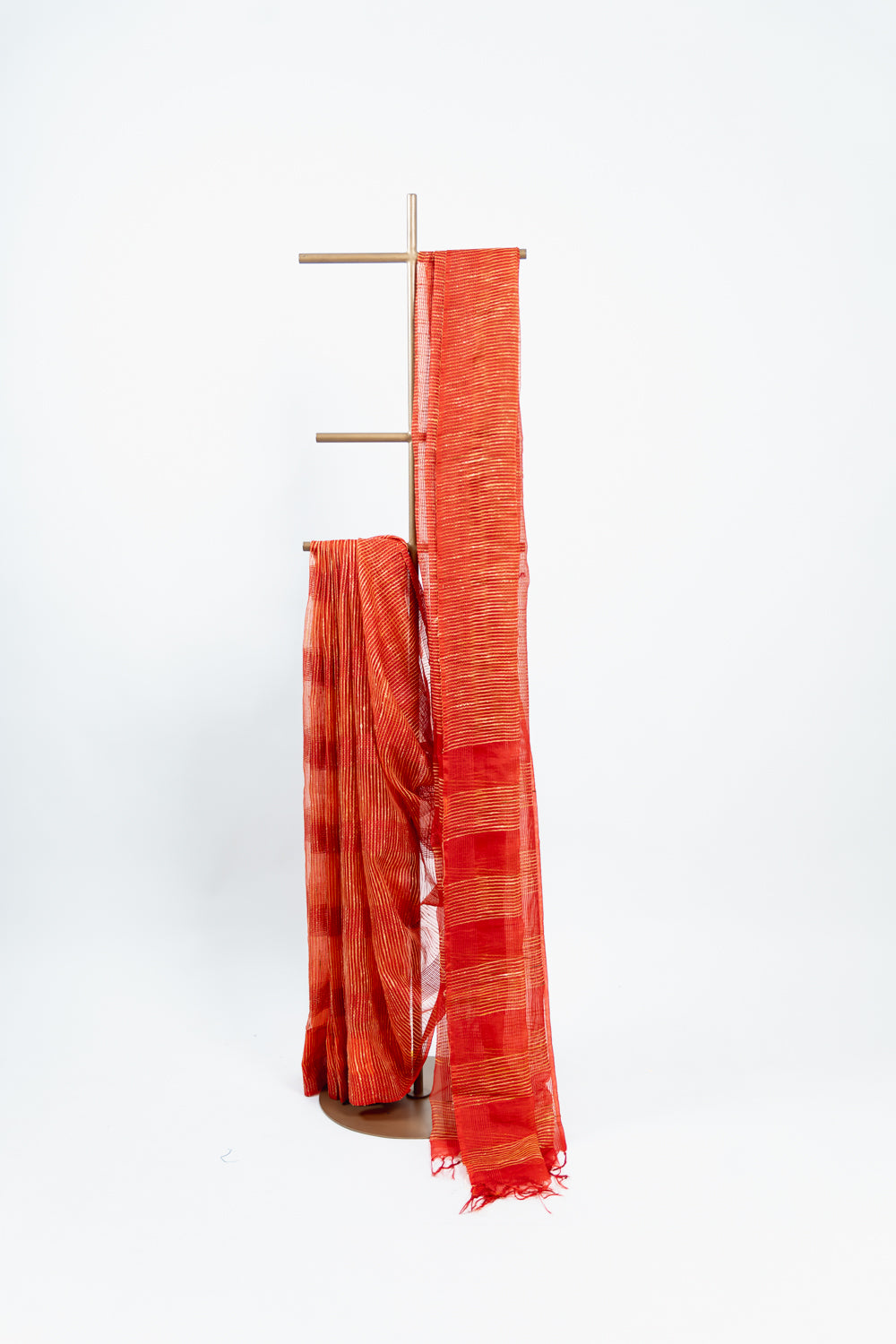 Vermilion Orange Ghicha Tussar Saree with Gold Slub Lines