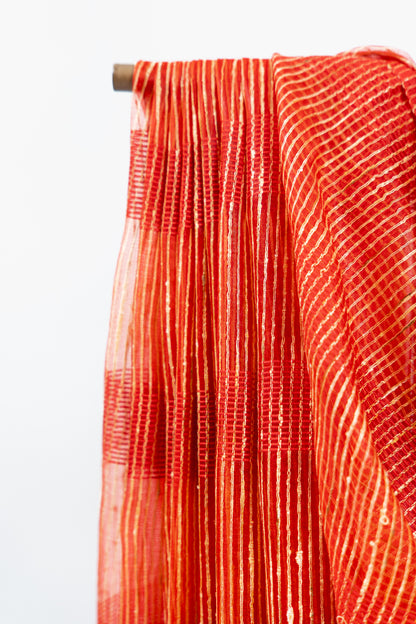 Vermilion Orange Ghicha Tussar Saree with Gold Slub Lines