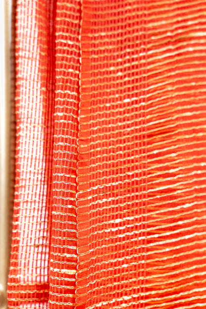 Vermilion Orange Ghicha Tussar Saree with Gold Slub Lines