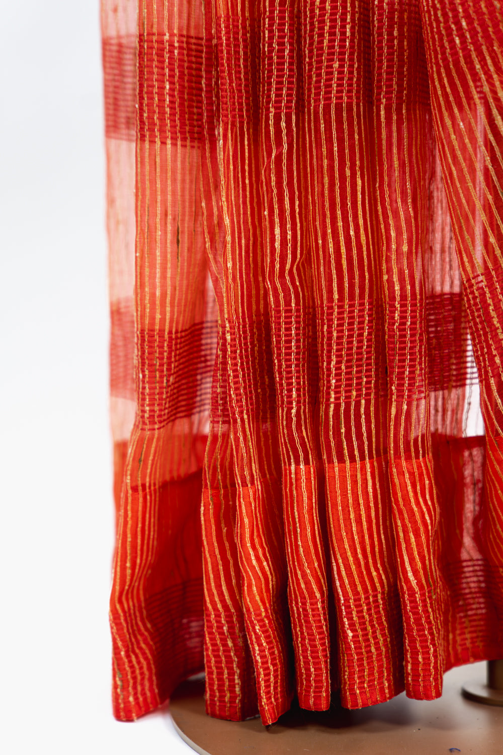 Vermilion Orange Ghicha Tussar Saree with Gold Slub Lines