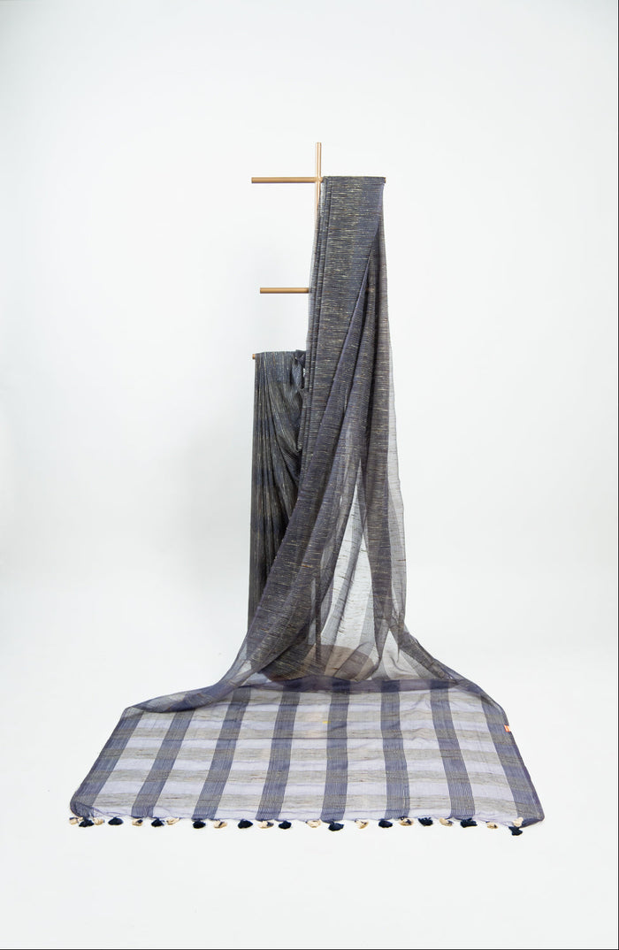 Deep Purple Ghicha Tussar Saree with Charcoal Panels