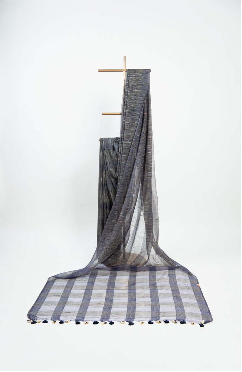 Deep Purple Ghicha Tussar Saree with Charcoal Panels
