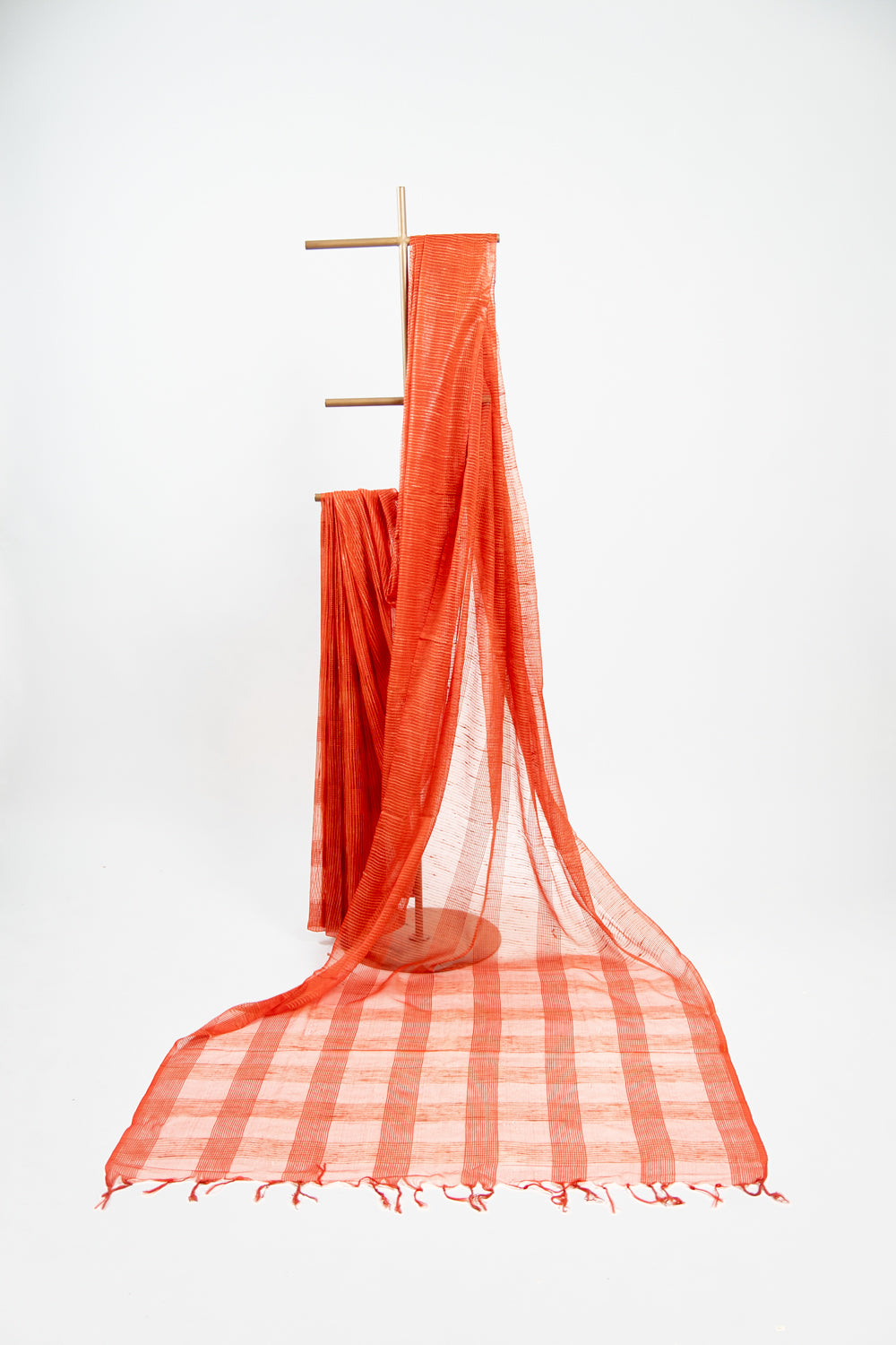 Rust Copper Ghicha Tussar Saree with Subtle Gold Grid