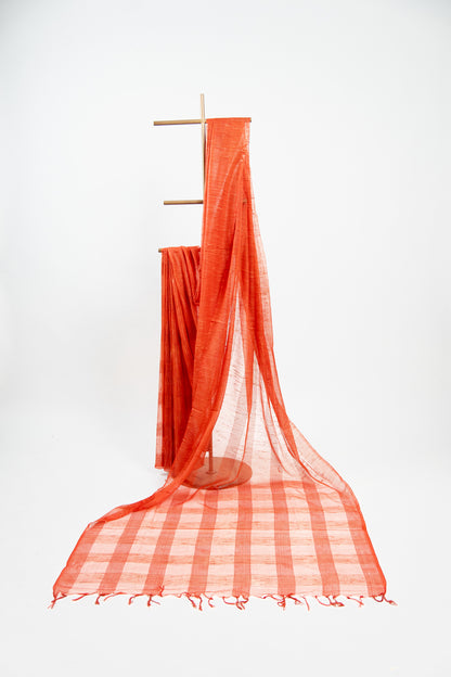 Rust Copper Ghicha Tussar Saree with Subtle Gold Grid