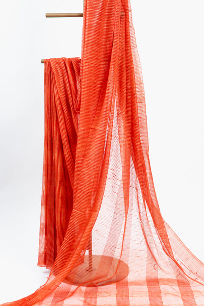 Rust Copper Ghicha Tussar Saree with Subtle Gold Grid