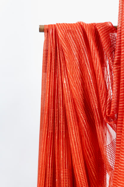 Rust Copper Ghicha Tussar Saree with Subtle Gold Grid