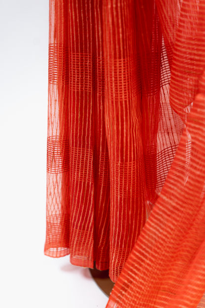 Rust Copper Ghicha Tussar Saree with Subtle Gold Grid
