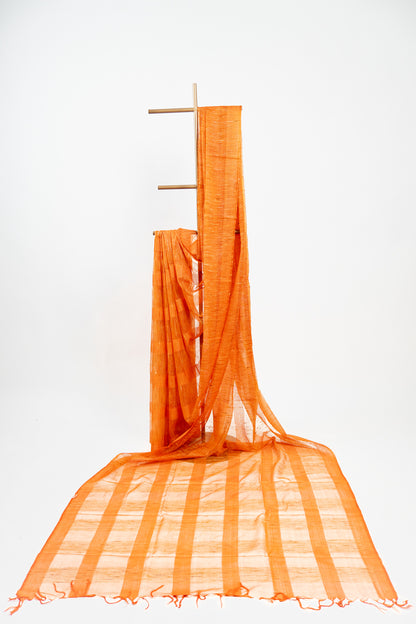 Tawny Orange Ghicha Tussar Saree with Gold Lines