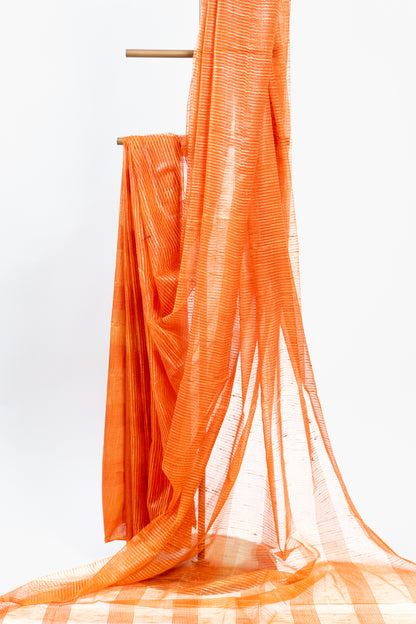 Marigold Ghicha Tussar Saree with Golden Pinstripes