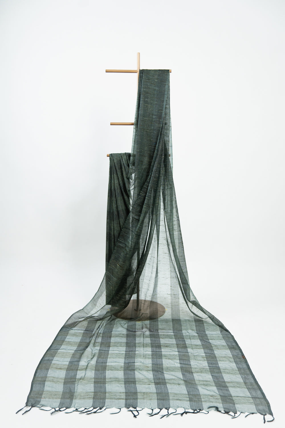 Dark Olive Ghicha Tussar Saree with Geometric Grid