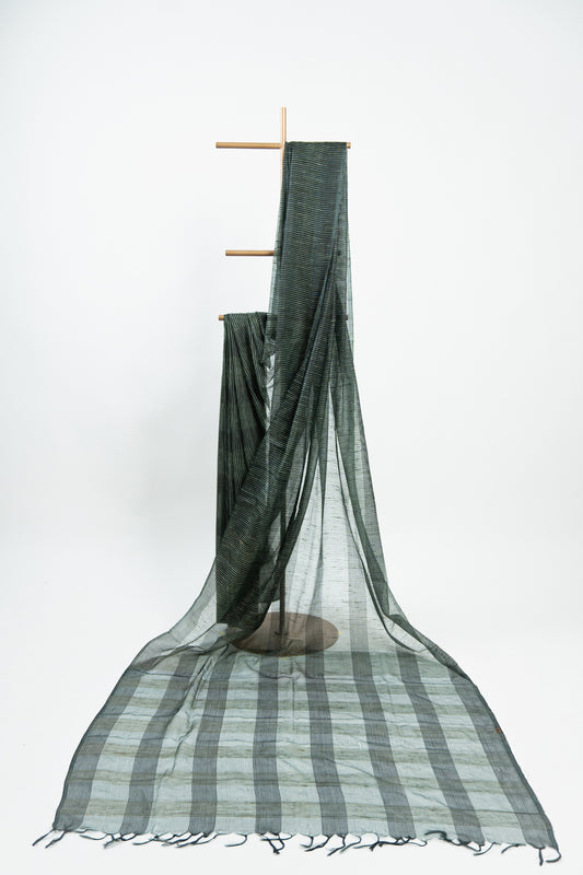 Dark Olive Ghicha Tussar Saree with Geometric Grid