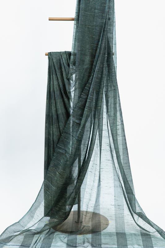 Dark Olive Ghicha Tussar Saree with Geometric Grid