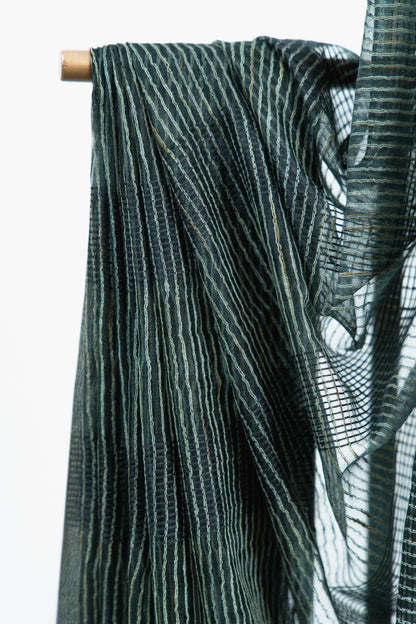 Dark Olive Ghicha Tussar Saree with Geometric Grid